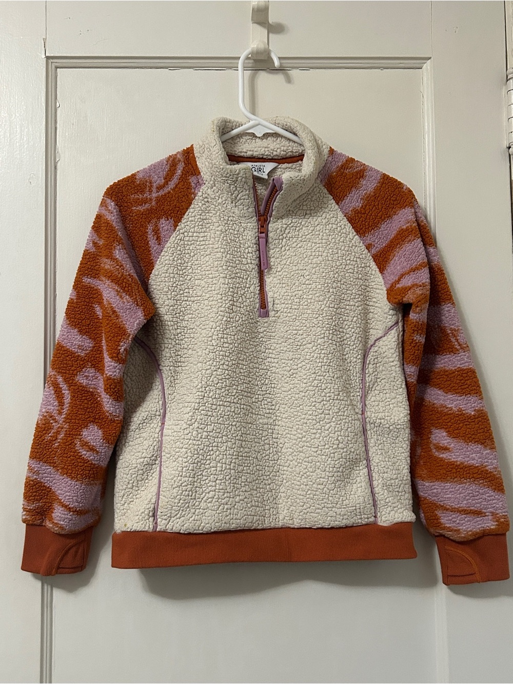 Athleta Girl Cream Sherpa Jacket with Rust and Lavender Trim